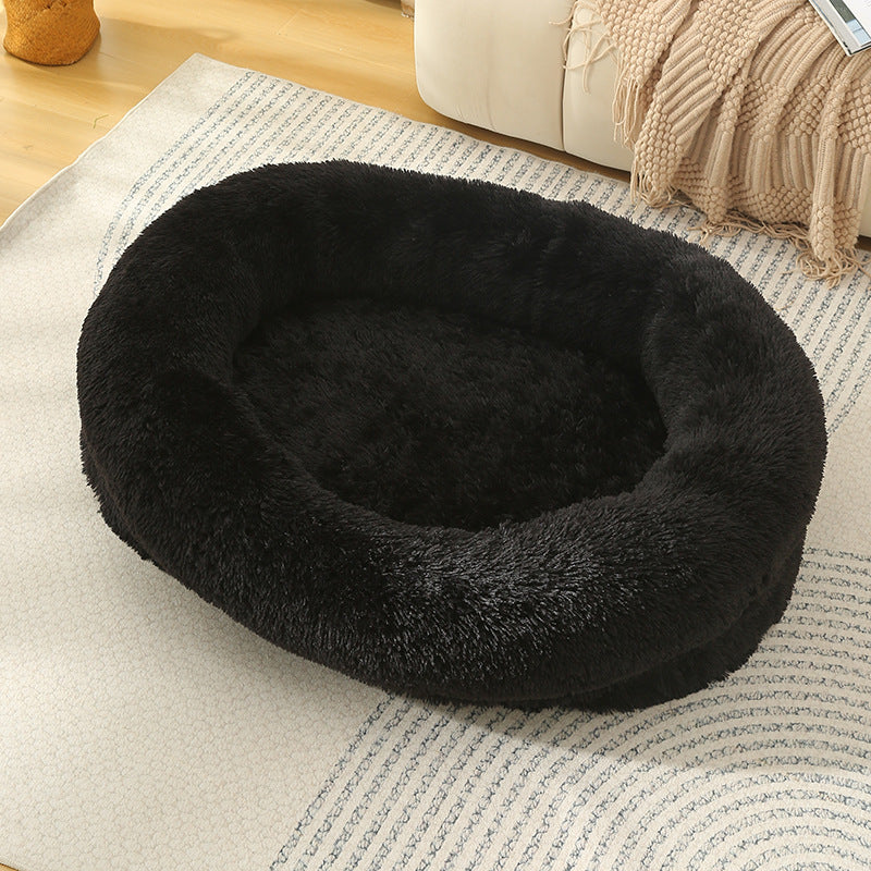 Fluffy Donut-Shaped Pet Bed- Soft, Cozy, and Anti-Anxiety for Dogs and Cats, Machine Washable Black Size:S 60*50*18cm