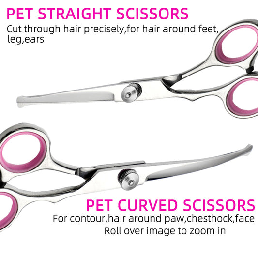 Pink and Silver Complete 5-Piece Pet Grooming Scissors Kit - Stainless Steel Straight, Curved & Thinning Shears with Comb & PU Case (6.0 Inch)