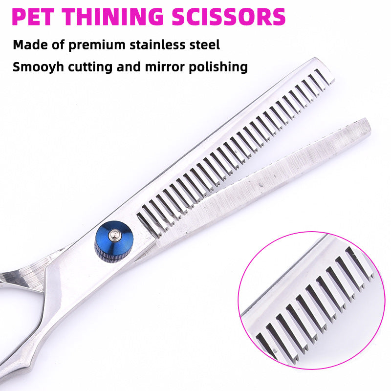 Blue and Silver Complete 5-Piece Pet Grooming Scissors Kit - Stainless Steel Straight, Curved & Thinning Shears with Comb & PU Case (6.0 Inch)