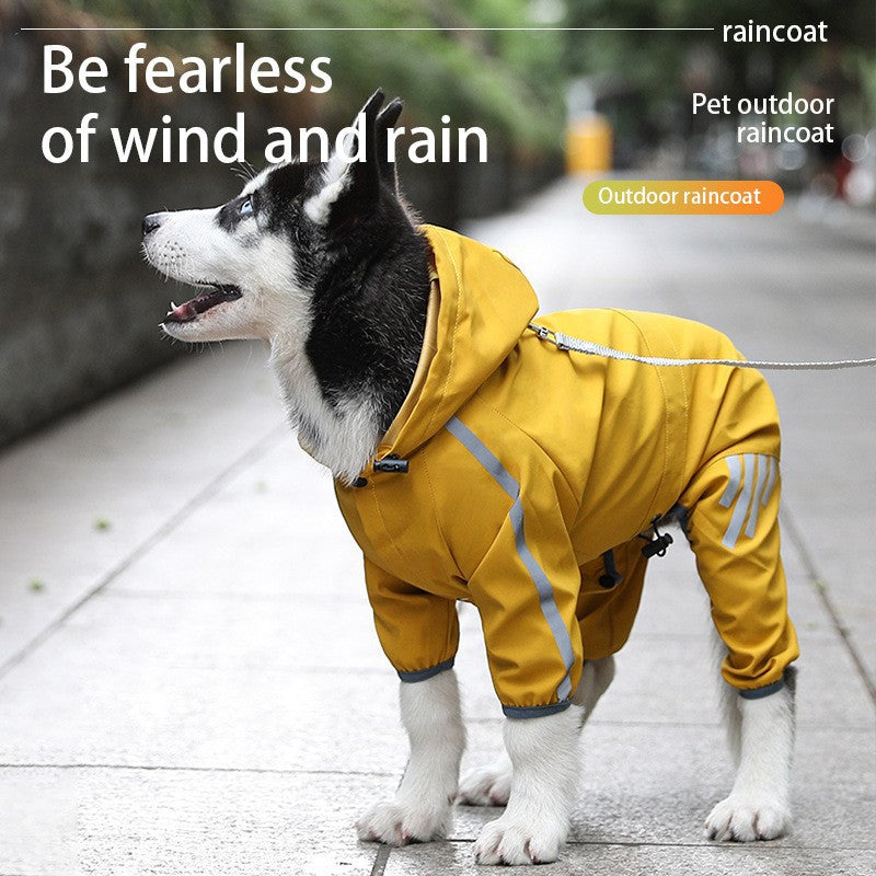 XL Bright Yellow And Gray Trim Waterproof Four-Legged Dog Raincoat with Leash Hole for Small Breeds