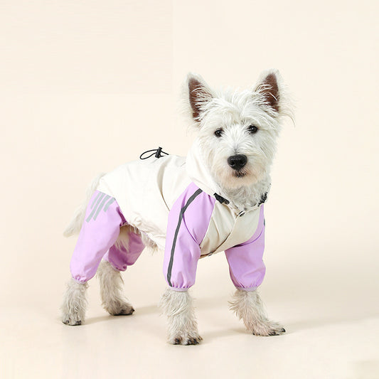 Colorblock (White Purple) Dog Raincoat - Waterproof with Hood and Reflective Strips (Size M)