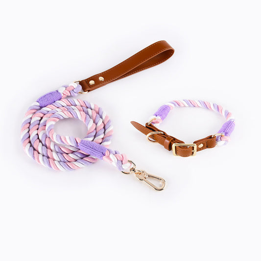 Premium Leather Pet Collar and Leash - Soft, Strong Braided Rope (Pink Purple - Size M)