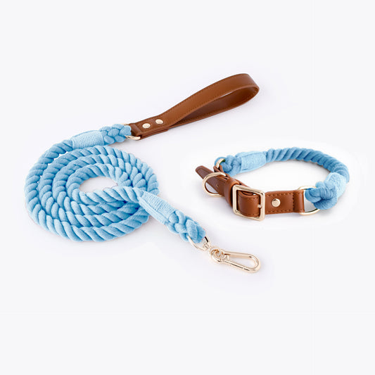 Premium Leather Pet Collar and Leash - Soft, Strong Braided Rope (Sky blue - Size S)