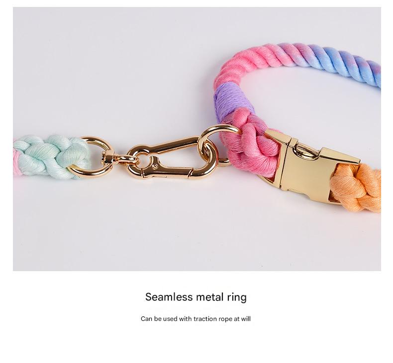Handmade Rope Dog Collar and Leash Set - Colorful Woven Cotton Cotton (Leather pink - Size M)