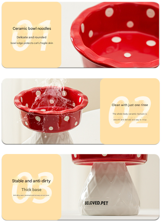 Yellow Adorable Mushroom Ceramic Elevated Cat Bowl - Anti-Vomiting & Spine Protecting Pet Feeder with Polka Dots