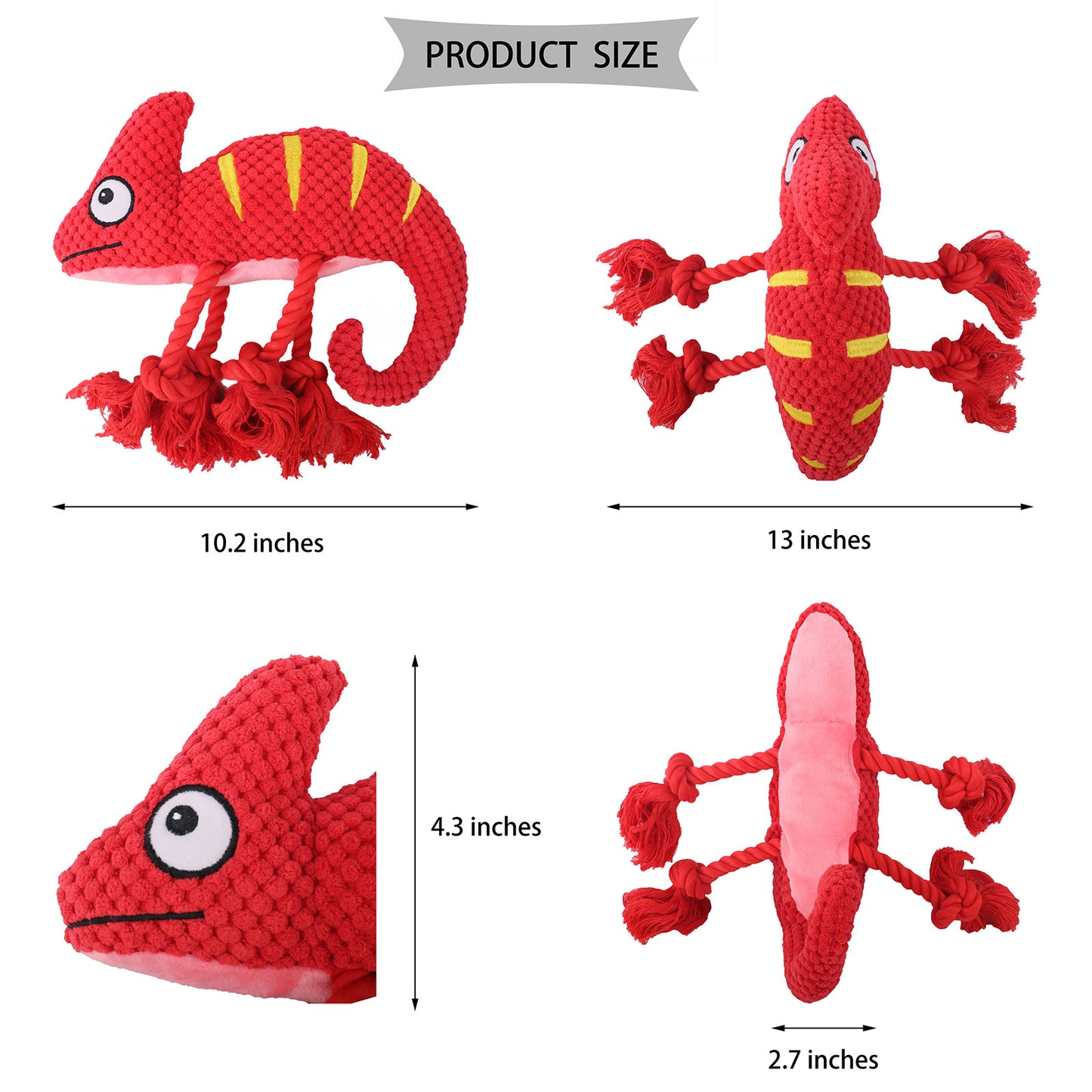 2 Pcs Green Interactive Plush Chameleon Dog Toy with Squeaker & Rope Legs - Durable Chew Toy for Medium/Large Dogs, Teeth Cleaning Texture, Machine Washable (10.2in)