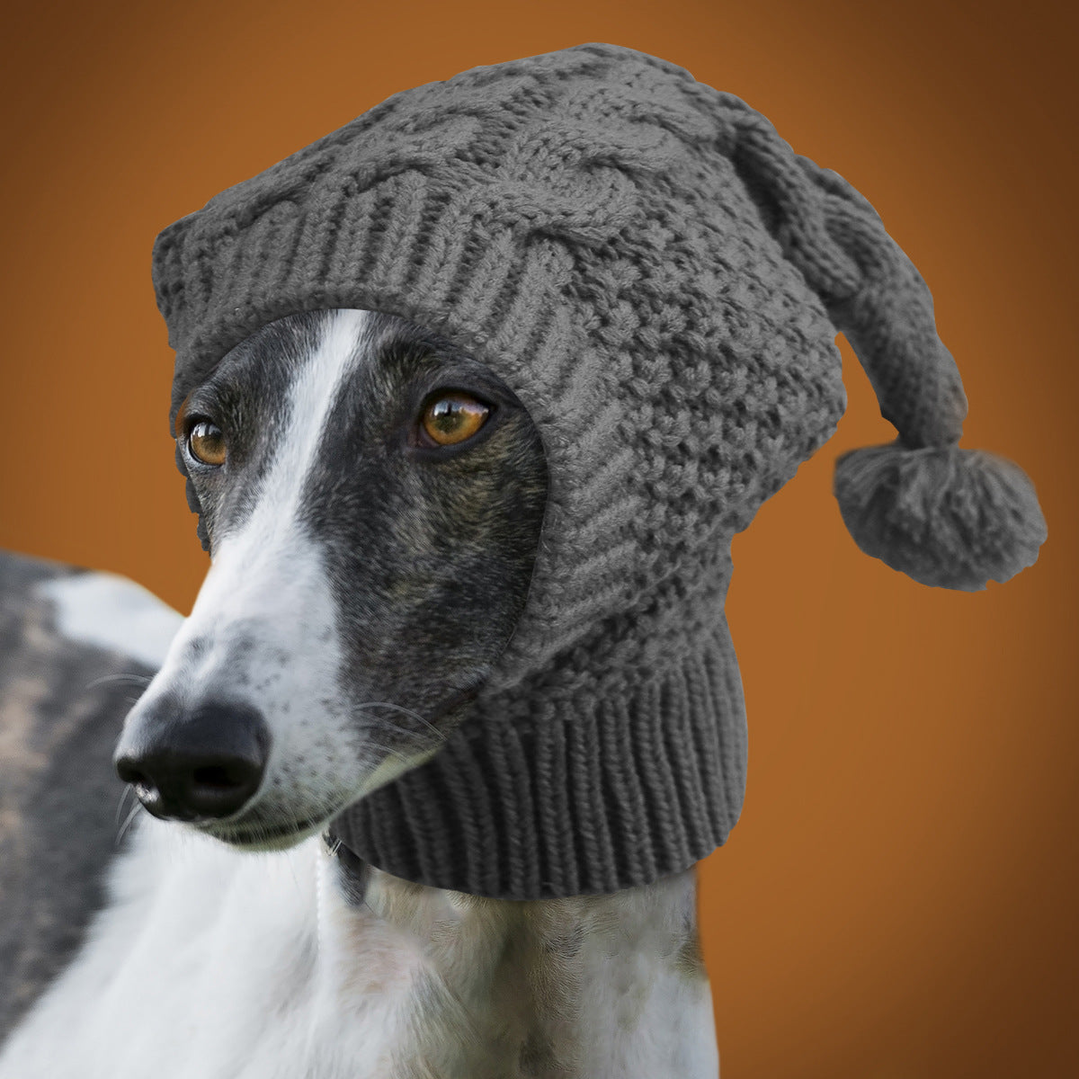 Size S Grey Whimsical Knit Dog Hat with Pom-Pom - Cozy Winter Pet Beanie & Snood