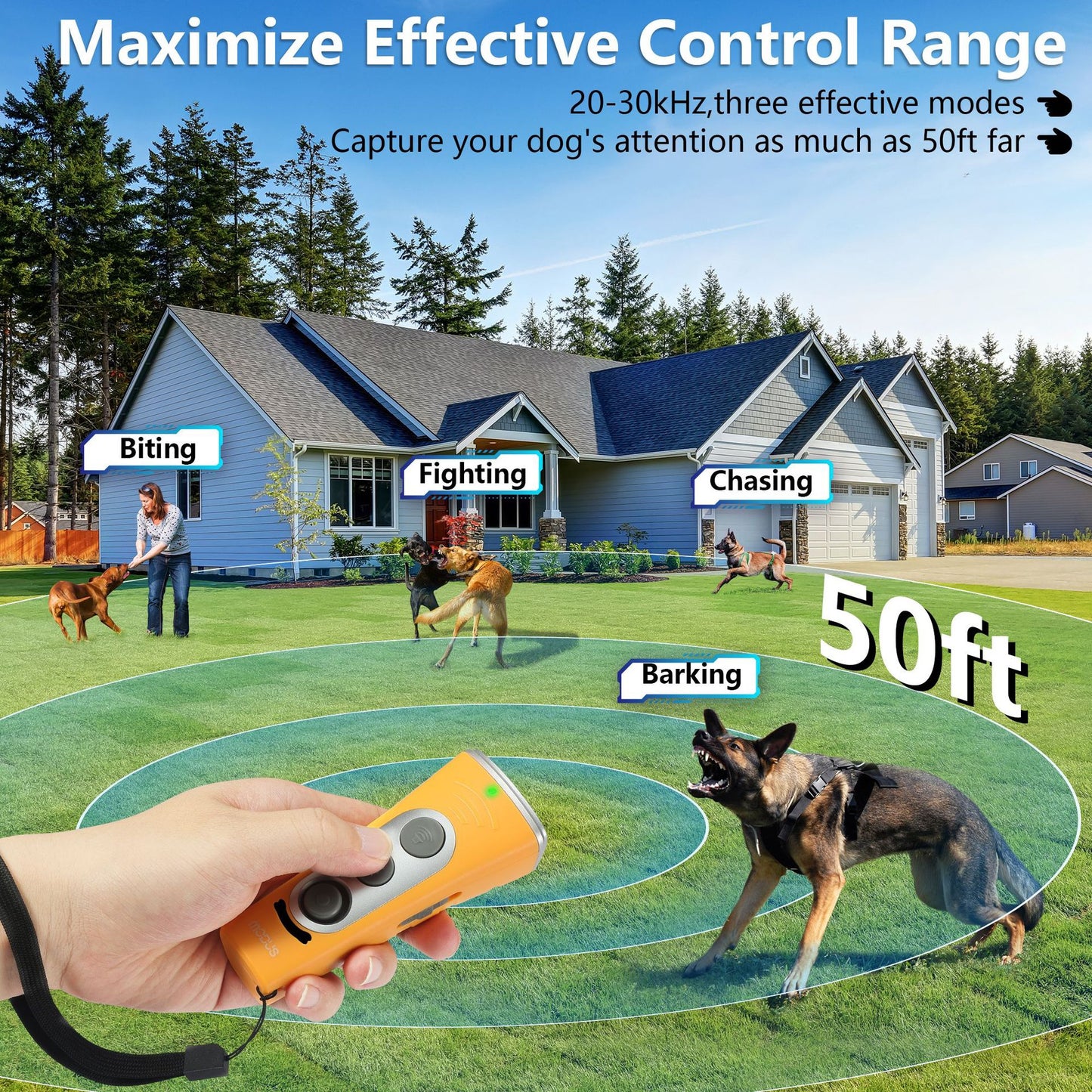 Blue Ultrasonic Dog Barking Control Device - Dual Frequency Anti-Bark Trainer with IP65 Waterproof (11.8x48.5x44mm)