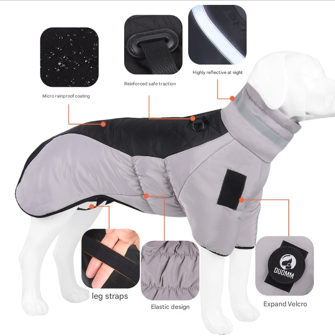 Grayish black Reflective Winter Dog Coat - Waterproof Puffer Vest with Harness D-Ring for Outdoor Walks(6XL)