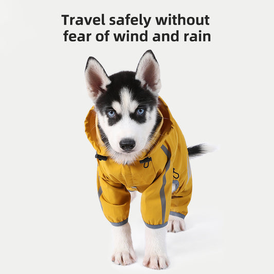 XL Bright Yellow And Gray Trim Waterproof Four-Legged Dog Raincoat with Leash Hole for Small Breeds