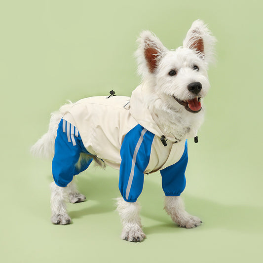 Colorblock (Beige blue) Dog Raincoat - Waterproof with Hood and Reflective Strips (Size L)