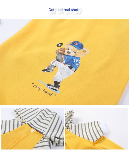 Autumn/Winter Dog Clothes - Black Hoodie with Striped Hood & Baseball Bear (Size - L)