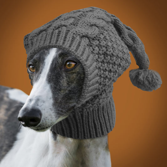 Size S Grey Whimsical Knit Dog Hat with Pom-Pom - Cozy Winter Pet Beanie & Snood