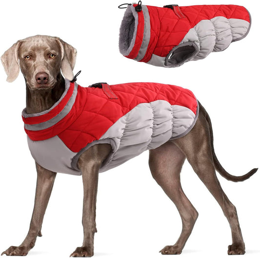 XXXL Red Grey Premium Winter Puffer Dog Coat - Windproof & Fleece-Lined Jacket for Cold Weather