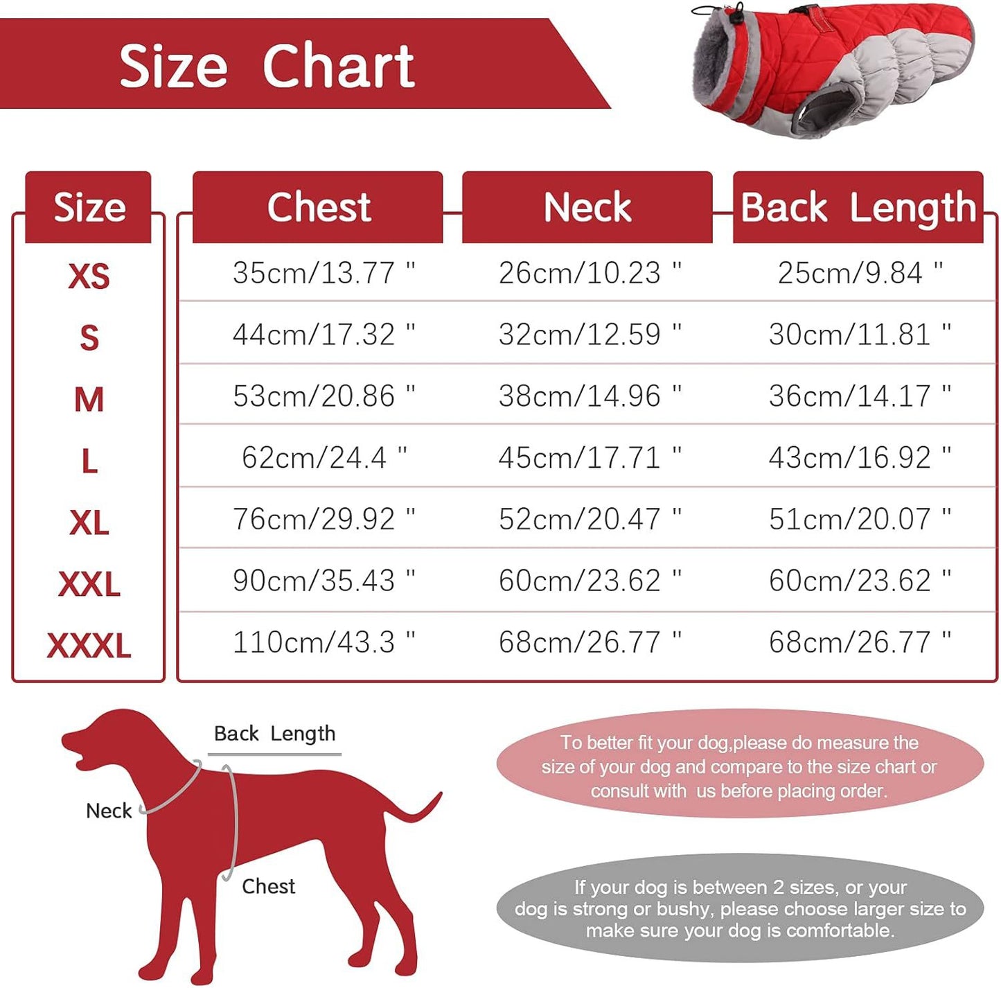 XXXL Red Grey Premium Winter Puffer Dog Coat - Windproof & Fleece-Lined Jacket for Cold Weather